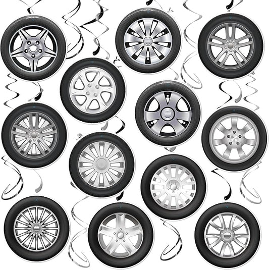 Race Car Party Decorations - 30Pcs Racing Car Wheel Hanging Swirls Wheel Tire Ceiling Hanging Streamers for Race Theme Birthday Party Supplies