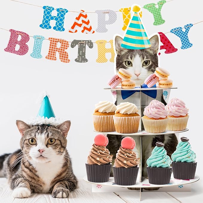 Haooryx Cute Cat Cupcake Stand - 3 Tier American Shorthair Cat Cupcake Tower Cardboard Dessert Holder Cake Stand Serving Tray for Cat Theme Party Table Decor Pet Lovers Kids Birthday Party Supplies