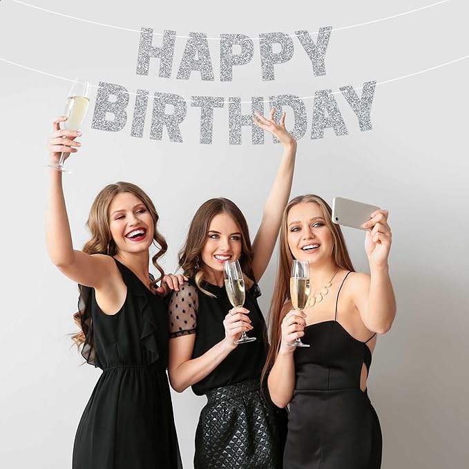 Pre-strung Happy Birthday Banner - No DIY - Silver Glitter Birthday Party Banner for Men & Women - Pre-strung Garland on 8 ft Strands - Silver Bday Party Decorations & Decor. Did We Mention No DIY