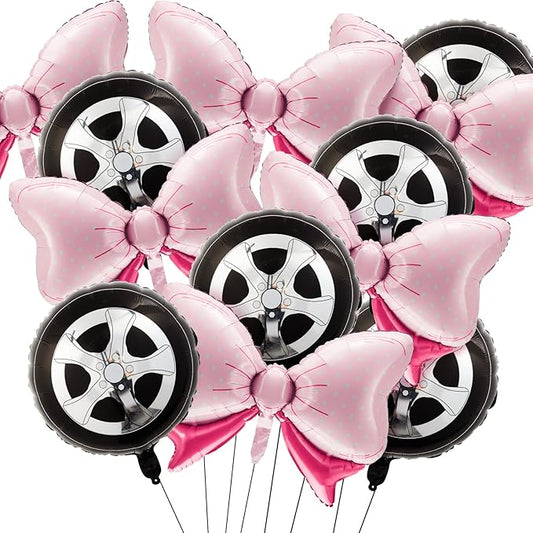 12 Pieces Burnouts or Bow Foil Balloons Black Car Wheel Gender Reveal Pink Polka Dots Balloons for Baby Shower Gender Reveal Wedding Birthday Party Decoration