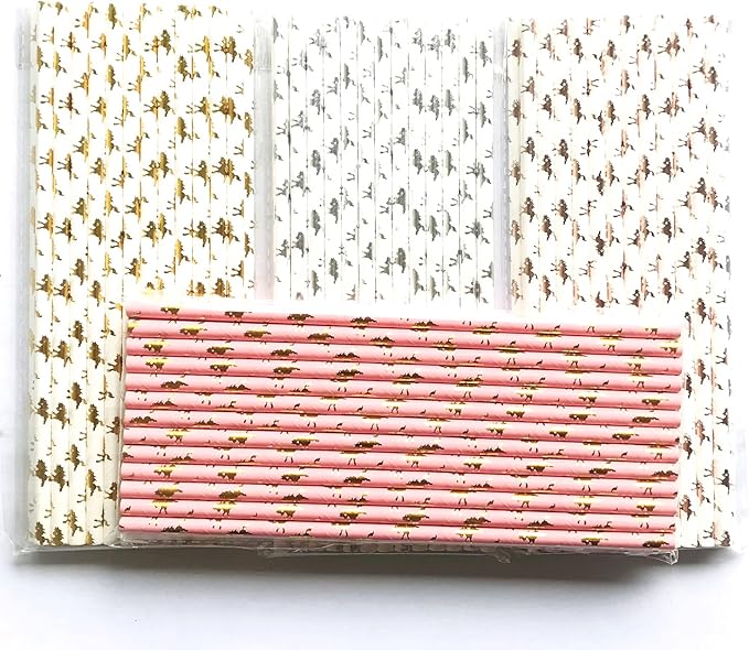 100 pcs Mixed Biodegradable Party Paper Straws, Pink Metallic Golden Rose Gold Silver Foil Pony Drinking Straws Bulk, Kentucky Horse Derby Baby Shower Birthday Wedding Cake Pop Sticks (Carousel Horse)