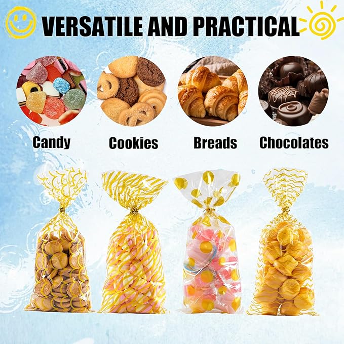 EatnMgan 200Pcs Cellophane Treat Bags,10.8 x 4.9Inch Plastic Candy Bags,Cellophane Bags,Goodie Candy with 220Pcs Twist Ties for Valentine, Birthday, Gift Cookie Snack Packing Party Favor Supplies (Gold)
