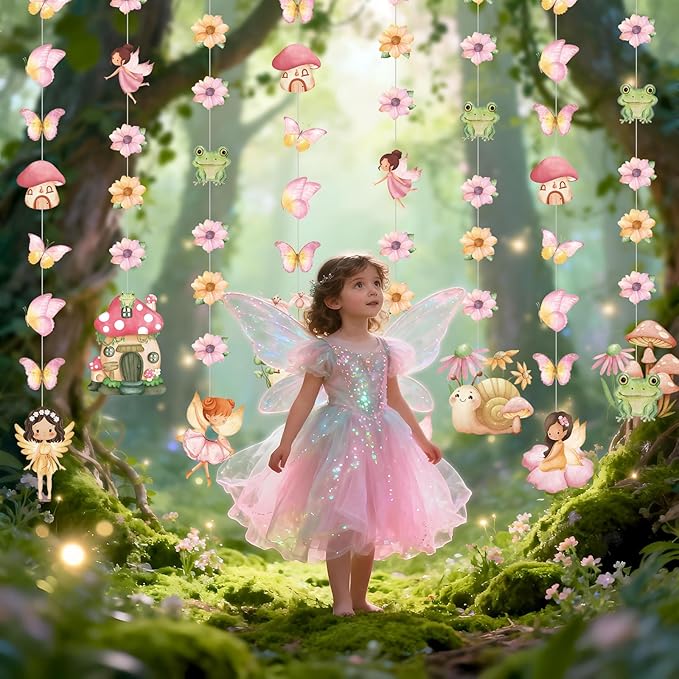 Daifunli 8 Pcs Fairy Party Decorations Fairy First Birthday Hanging Garlands Banner Butterfly Mushroom Flower Paper Cutouts Streamer for Wall Ceiling Decor Wonderland Garden Tale Floral Party Supplies