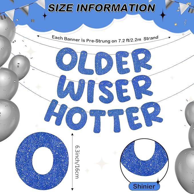 Fulmoon Set of 3 Pre Strung Older Wiser Hotter Glitter Banner Funny Birthday Banner for Women 30th 40th 50th 60th 70th 80th Birthday Party Decorations Sign Gift(Navy Blue)