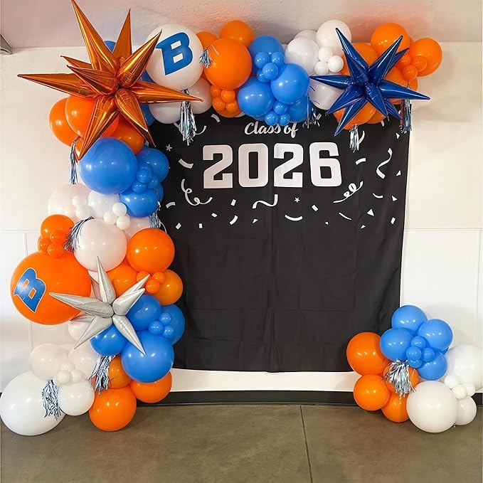 Blue and Orange Balloon Arch Garland Kit, 121PCS Dark Royal Blue and Orange White Balloons with Spikes Balloon for College High School Class of 2026 Graduation Birthday Basketball Party Decorations