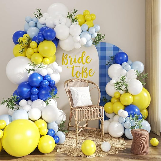 Blue and Yellow Balloon Arch Kit, 124Pcs Lemon Balloon Arch Kit with Royal Blue Light Blue Yellow White Balloons for Mediterranean Themed Birthday Wedding Bridal Shower Anniversary Party Decorations
