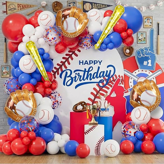 AobkDeco Baseball Balloon Garland Arch Kit Baseball Party Decorations with 143pcs Red White Blue Confetti Latex Balloons Baseball Foil Balloons for Baseball Theme Birthday Party Supplies Baby Shower