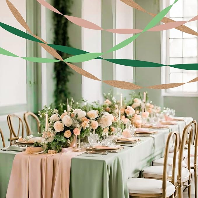 8 Rolls Crepe Paper Streamers, Rose Gold and Green Streamers Party Decorations for Birthday Baby Shower Wedding Bachelorette Party Bridal Shower Engagement Woodland Safari Spring