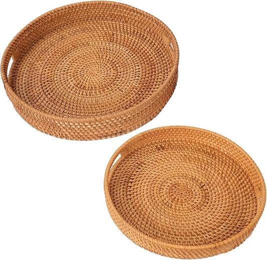 Round Rattan Serving Tray with Handles, Natural Wicker Decorative Tray for Serving, Fruit/Bread Serving Basket, Round Woven Tray，14 inch+11.8inch, Gift Idea Choice (M+L)