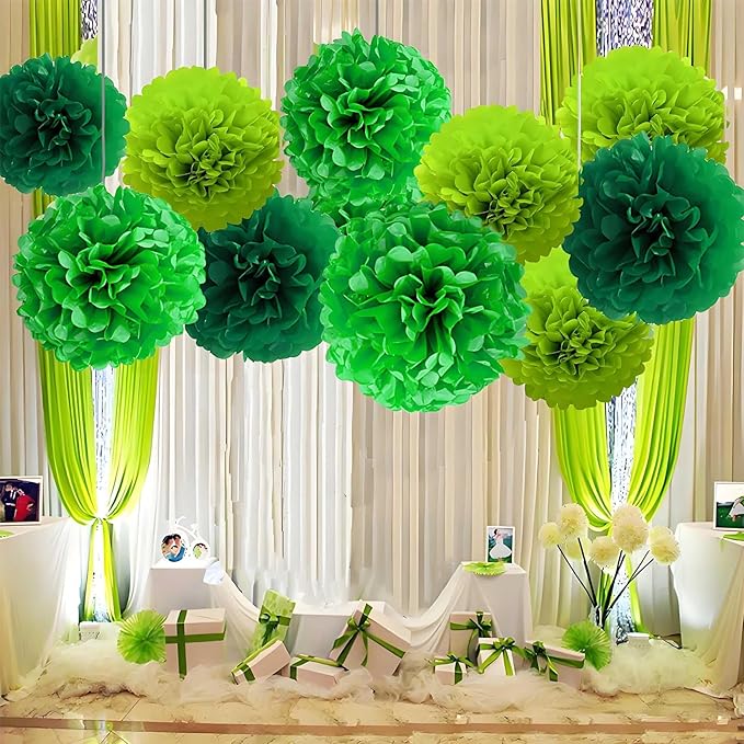 Green Tissue Paper Pom Poms 12Pcs- Hanging Paper Flowers for Wedding Birthday Graduations Christmas and Special Occasions(8 &10 & 12 inch)