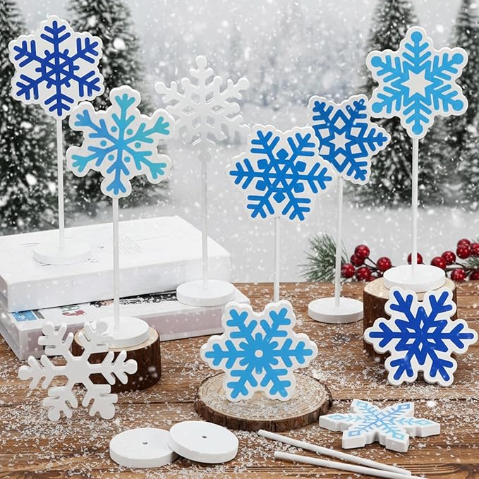 Geelin 10 Pcs Wooden Snowflake Table Decor Winter Decoration Snowflakes Table Centerpiece Standing Snowflakes Tabletop Signs Tabletop Gift for Winter Holiday Wonderland Home Desk Party Decoration