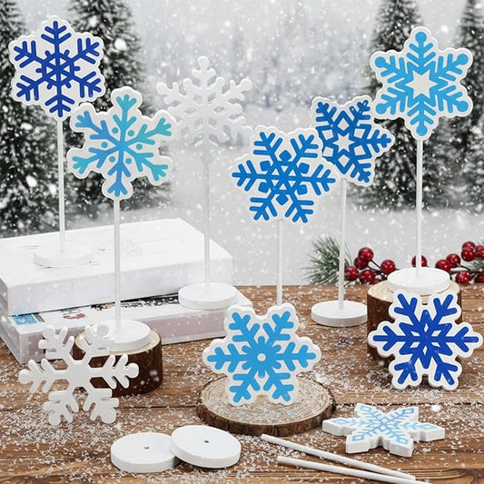 Geelin 10 Pcs Wooden Snowflake Table Decor Winter Decoration Snowflakes Table Centerpiece Standing Snowflakes Tabletop Signs Tabletop Gift for Winter Holiday Wonderland Home Desk Party Decoration