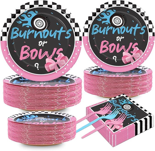 50 Guests Burnouts or Bows Gender Reveal Plates and Napkins Party Supplies Boys or Girls Baby Shower Party Decorations Disposable Tableware Set Gender Reveal Dinnerware Favor for Baby ,200PCS