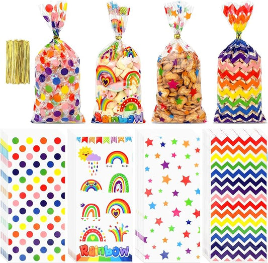Rainbow Cellophane Treat Bags, 50 PCS Colorful Plastic Gift Bags, Star Polka Dot Stripes Printed Candy Cookies Goodie Snack Bag with Twist Ties for Valentine's Day Kids Birthday Party Favor Supplies