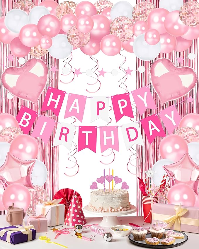 Lutoys Pink Happy Birthday Party Decorations, Happy Birthday Banner, Pink Foil Heart Star Confetti Balloons Curtain Backdrop Hanging Swirls Butterfly Party Decor for Girls Women Princess