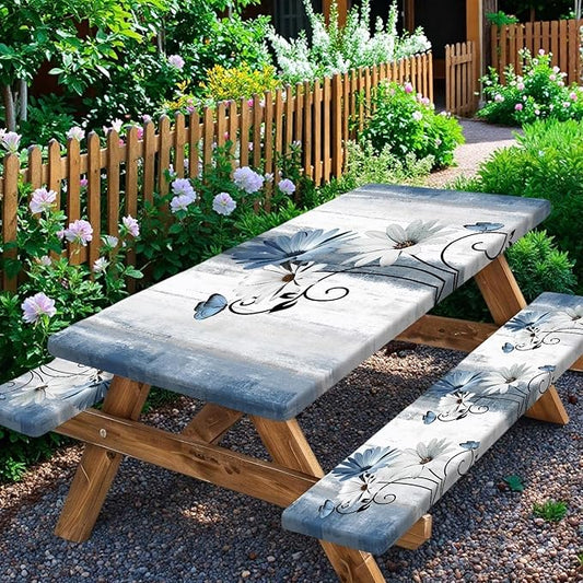 Rustic Farmhouse Blue Flower Picnic Table Cover with Bench Covers, Waterproof Blue Daisy Floral Flowers Butterfly on Country Wooden for Camping Indoor Outdoor Party Decorations, 30X72in