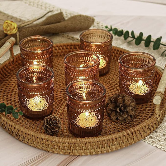 24 Pcs Amber Glass Votive Candle Holders, Tealight Candle Holders for Table Centerpieces, Vintage Candle Holder Bulk, Boho Wedding, Home, Bridal Shower, Birthday Party Table Decor (Amber)
