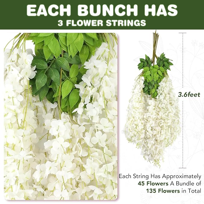 Alotiki Wisteria Hanging Flowers,Fake Hanging Flowers, Wisteria artificiales Garland for Home Wedding Arch Floral Party Garden Ceremony Outdoor Decor,3.6 feet Long(50,White)