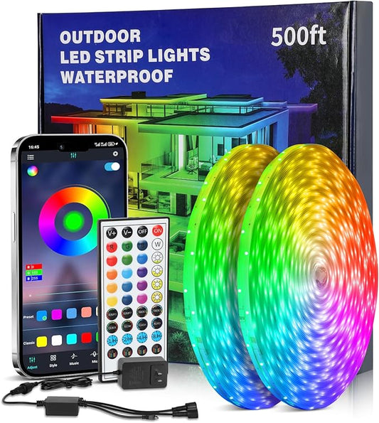500FT Outdoor Led Strip Lights Waterproof - Music Sync RGB, IP68 Outside Led Strips with Bluetooth App & Remote Control, RGB Exterior Led Lights for Deck,Courtyards,Balcony,Roof,Garden,Pool