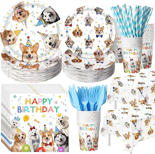 Potchen 452 Pcs Party Supplies Serve 50 Guests, Paper Plates Napkins Cups Cutlery Plastic Tablecloth Dinnerware for Birthday Wedding Party Decoration(Colorful, Dog Birthday)