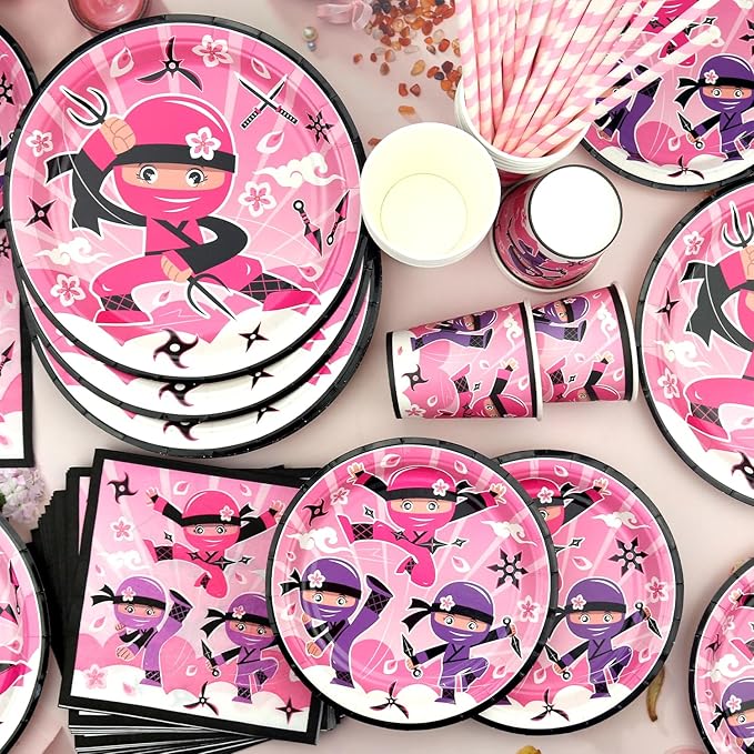 Ninja Girl Party Supplies - Party Tableware - Dinner Plates Dessert Plates Cups Napkins Tablecover Straws for Ninja Master Girls Princess Baby Shower, Serves 20 (20)