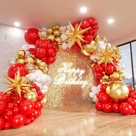 Red and Gold White Balloon Garland Arch Kit, 187Pcs Explosion Star Balloons Red White Metallic Gold Confetti Latex Balloon for Galentine's Valentine's Day Birthday Christmas Party Decoration