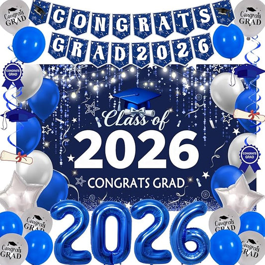 Navy Blue Graduation Decorations 2026, Silver and Blue Graduation Party Decorations Class of 2026 Backdrop, Congrats Grad Banner Streamers Balloons Foil 2026 Balloons College High School Master Phd