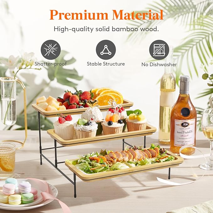 Lifewit 3 Tier Bamboo Serving Tray for Party Supplies, 30 x 17 cm/12" x 6.5" Platters for Serving Food, Reusable Trays with Black Metal Display Stand for Veggie, Fruit, Cookies, Dessert