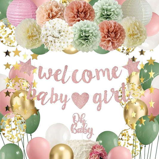 Dusty Pink and Sage Green Baby Shower Decorations Dusty Pink Sage Green Balloons Welcome Baby Girl Banner Paper Pom Poms Paper Lanterns Gender Reveal Baby Shower Decorations for Girl
