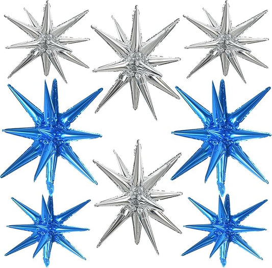 TONIFUL 8 Pcs Blue Silver Foil Balloons Large Star Balloons Explosion Star Mylar Balloons for Party Backdrop Christmas New Year Birthday Wedding Baby Shower Anniversary Photo Booth Supplies