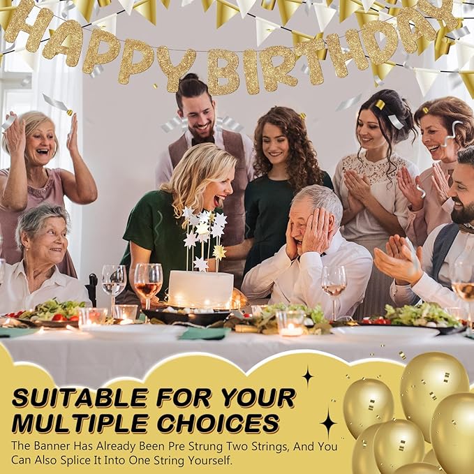 Fulmoon Glitter Pre Strung Happy Birthday Banner No DIY Party Decorations Happy Birthday Sign Decor for Men Women Boy Girls Backdrop(Champagne Gold)
