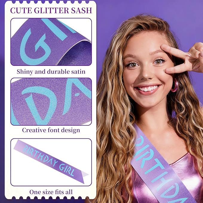 Canitor Kpop Theme Birthday Decorations Soft Satin Birthday Girl Sash for Women Dress Outfits Party Favors Accessories (purple gradient+blue words)
