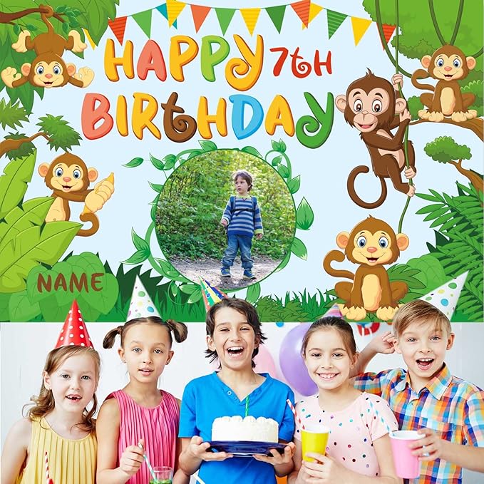 Custom Monkey Jungle Safari Happy Birthday Party Decorations Supplies Personalized Monkey Jungle Safari Green Birthday Backdrop Banner(4x6ft)