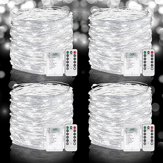 4 Pack Fairy Lights Battery Operated with Remote, 33FT 100LED Waterproof Twinkle String Lights with Timer & 8 Modes,for Indoor Outdoor Patio Garden Wedding Party Christmas Decor-Cool White