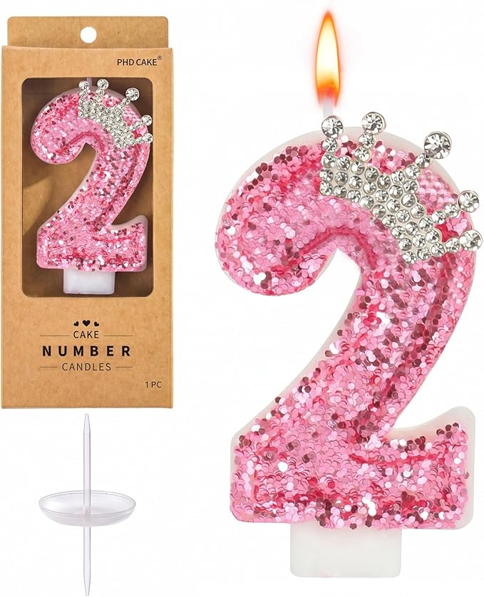 PHD CAKE Birthday Number Candles,Pink Crown Birthday Candles for Cake,Glitter Number 2 Candle Cake Topper with Sequins for Girls,Women, Anniversary Celebrations Supplies