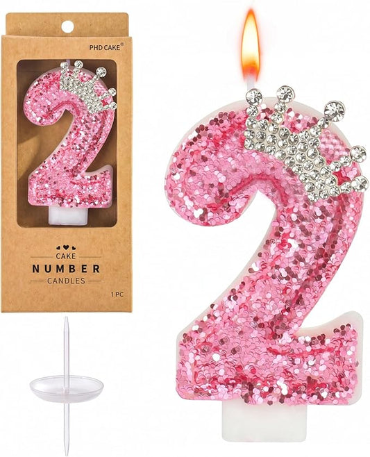 PHD CAKE Birthday Number Candles,Pink Crown Birthday Candles for Cake,Glitter Number 2 Candle Cake Topper with Sequins for Girls,Women, Anniversary Celebrations Supplies