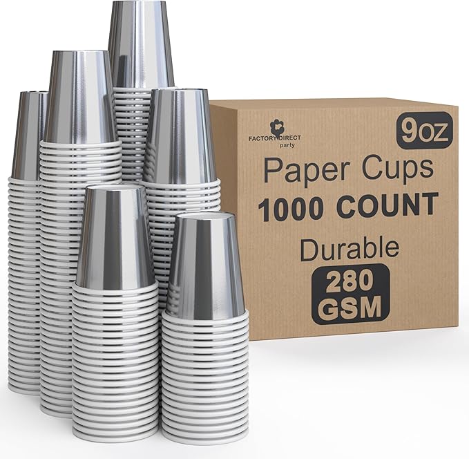 Party Solids Metallic Silver Paper Cups 9 oz Durable Disposable Cups 1000 Paper Tumblers for Hot Drinks and Cold Drinks Thick 280 GSM Hot Cup for Tea & Coffee Cup To Go Fun Colors for Parties & Events