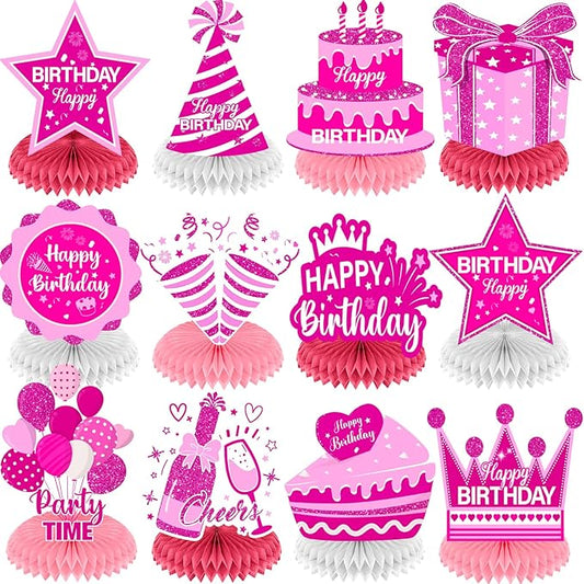 12Pcs Hot Pink Birthday Decorations Honeycomb Centerpieces for Women Girls, Hot Pink Happy Birthday Table Centerpieces for Kids Teens Adults Birthday Party Table Topper Sign Decor Supplies