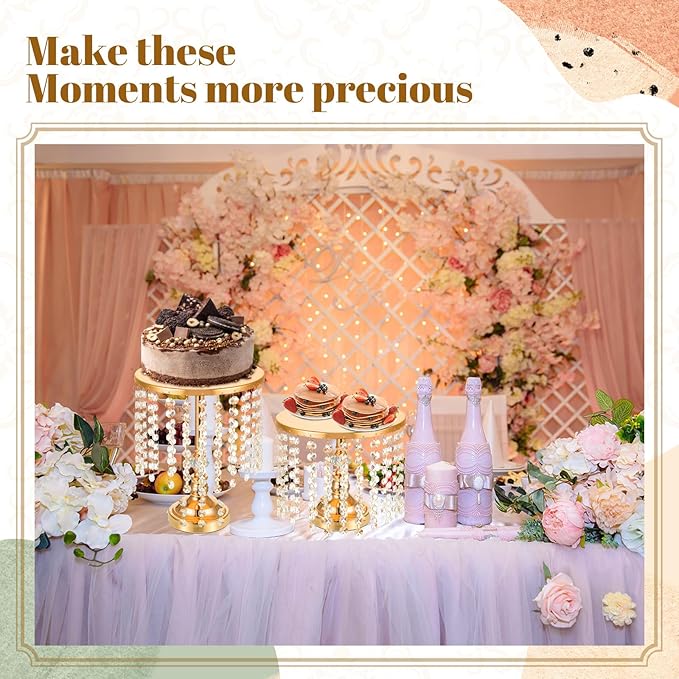 Bokon 6 Pcs Crystal Gold Cake Stand Round Dessert Cupcake Holder Metal Stand Table Cake Pedestal with Crystal Pendant and Wedding Bead Dessert Cupcake Pastry Display Plate for Wedding Birthday Party