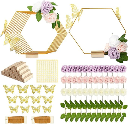 Vercraft 12 Set butterfly Metal Floral Hoop Table Centerpieces Include Metal Ring with Base 3D Butterfly Decoration, PE Foam Flower, Adhesive Dots, Gold Wires for DIY Wedding Baptism Party(Hexagon)