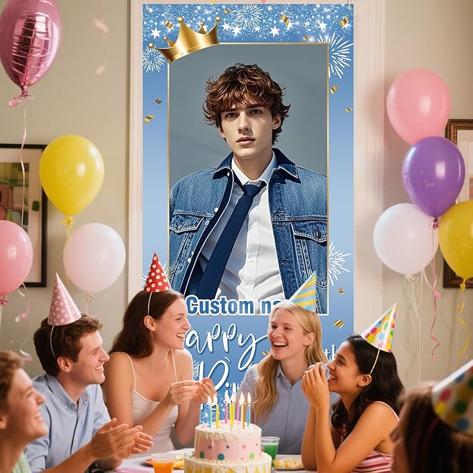 Personalized Happy Birthday Door Banner with Photo Custom Name Birthday Decorations Party Supplies for Women Men (Blue and Gold)