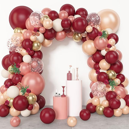 Amandir 153pcs Burgundy Balloons Arch Garland Kit Different Sizes 18 12 10 5 Inch Pearl Champagne Rose Gold Confetti White Maroon Balloon Mothers Wedding Birthday Bridal Graduation Party Decorations