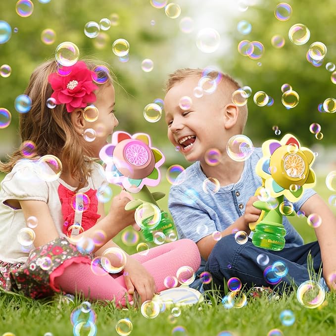 2 Pack Rechargeable Flower Bubble Guns for Kids W/LED Lights & 10 Refill Solutions, Fun Swing Dance Bubble Maker Machine Blower Blaster Toys,Outdoor Summer Play, Easter, Birthday Party Favors & Gifts