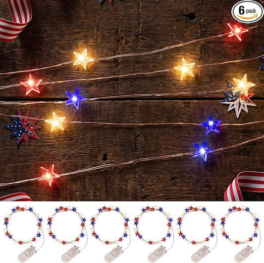 6 Packs 6.6ft 20 LEDs Star Fairy Lights Battery Operated,4th of July Decorations Mini Star String Lights,Waterproof Twinkle Starry Light for Independence Day Memorial Day,Red White and Blue