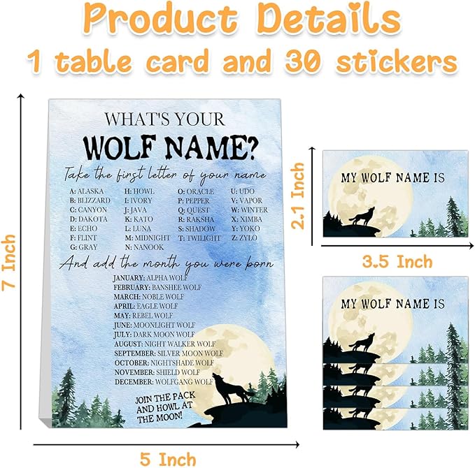 What's Your Wolf Name,1 Game Sign and 30 Name Stickers,Howling Wolf Birthday Party, Holiday Activity, Activity Game for Class Graduation Birthday