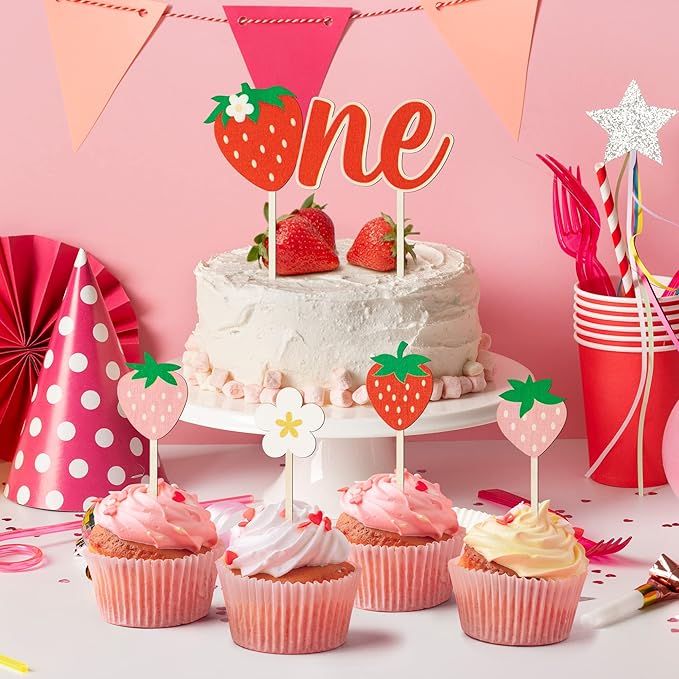 first Birthday Cupcake Topper - 5 Pcs Cute Daisy Strawberry Shortcake Wooden ONE Cake Topper Kids' One Year Old Berry first Happy Birthday Party Cake Dessert Decorations Supplies Baby Shower