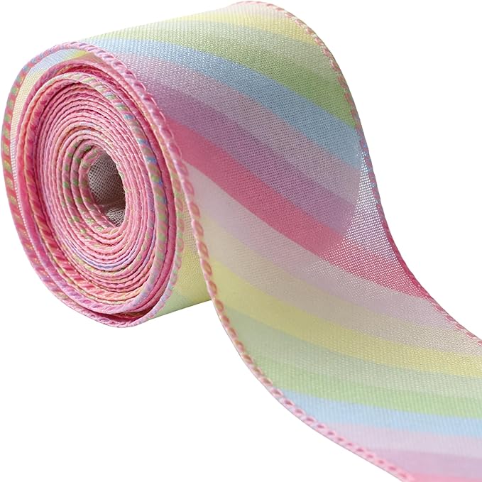 Meseey 2.5 Inch x 10 Yards Rainbow Pastel Striped Wired Ribbon, Gradient Color Wired Edge Ribbon for Easter Wreaths, Gift Wrapping, Easter Baskets, DIY Crafts, Birthday Party Decorations