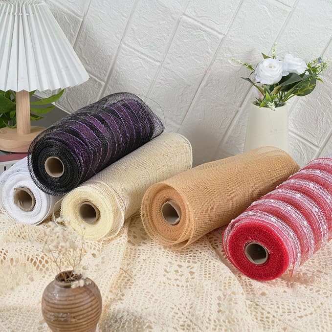 3 Rolls Light Coffee Deco Mesh Ribbon for Wreath Making Supplies, 10 Inch x 30FT Metallic Foil Burlap Deco Mesh Fabric for DIY Crafts Fall Thanksgiving Christmas Wreath Swags and Decorating