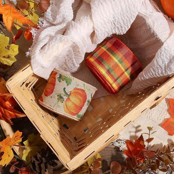 LaRibbons Fall Burlap Plaid Ribbon Wired 2 1/2" x 6 Yards 2 Rolls, Pumpkin Plaid Ribbon for Autumn Wreath Thanksgiving Farm Gift Wrapping Home Decor