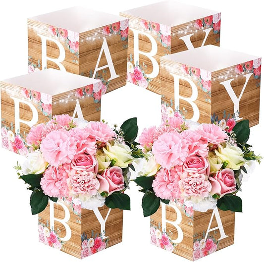 Bucherry 6 Pcs Baby Shower Centerpieces with Letters, 7" Baby Blocks Flower Boxes for Table Decorations, Gender Reveal Party Supplies & Photo Props(Wooden Color,Rustic Floral)